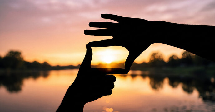Silhouette hands forming a framing gesture against a vibrant sunset over a tranquil lake landscape creating a conceptual image of focus vision and planning perspectives