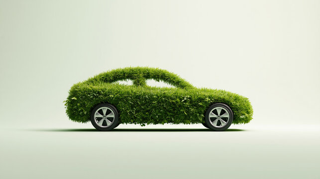 Green hedge car shape symbolizing eco friendly transport and sustainable driving concept on clean pale background