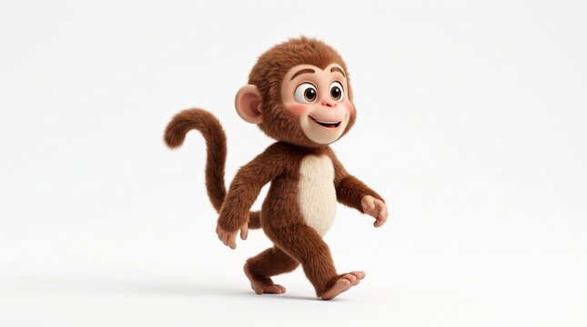 Cute 3D cartoon monkey walking isolated on white.