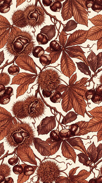 An authentic botanical intaglio printmaking seamless wallpaper pattern featuring spiky chestnut burs, glossy nuts, detailed compound leaves, and woody branches in a classic sepia engraving style for a