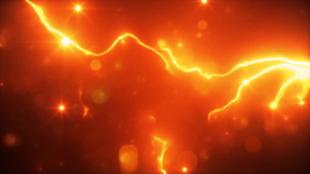 Dynamic abstract motion background featuring bright glowing electric lightning arcs, lens flares, and sparks moving across a warm orange energy field. Perfect for sci-fi and tech projects.