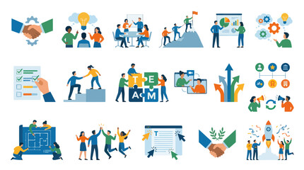 Fototapeta premium Modern Flat Vector Business Illustrations: Teamwork, Strategy, Innovation, and Corporate Success Concepts