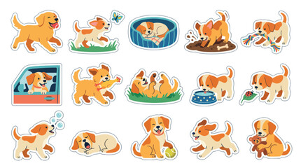 Fototapeta premium Cute Pet Dogs and Puppies Flat Vector Illustration Collection in Various Playful Poses and Activities