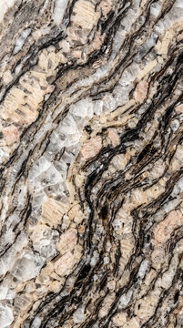 Photorealistic extreme macro texture completely filled with polished gneiss rock, displaying undulating bands of quartz, feldspar, and dark mica minerals for natural stone and architectural surface de