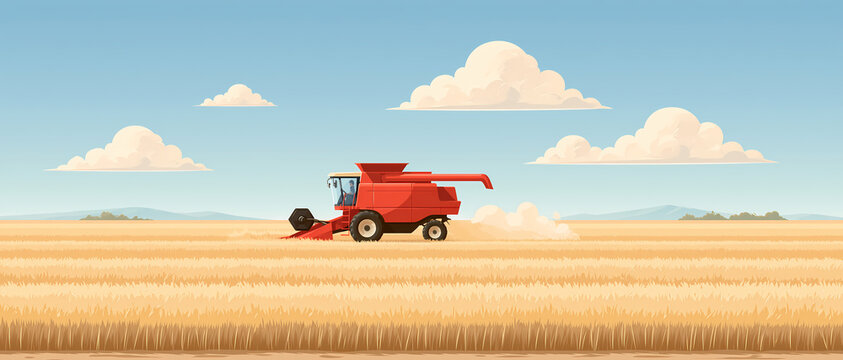 A red combine harvester drives through a large golden wheat field to harvest the crops during a sunny day with a blue sky and white clouds
