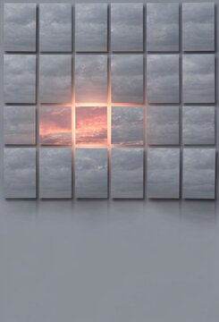 A single glowing sunset panel breaks a grid of overcast grey sky panels, creating a warm light contrast for weather apps and seasonal design