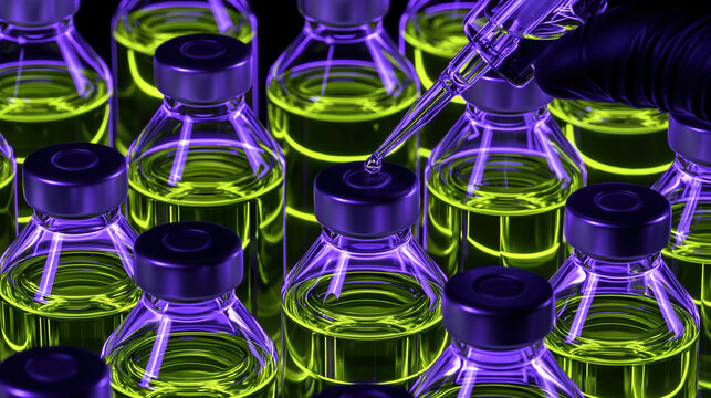 Laboratory vial neon liquid scientific glassware purple light green fluid chemistry research