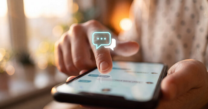 Smartphone chat bubble interface showing digital communication technology held by a person interacting with mobile messaging app screen in a bright sunny home office indoor environment