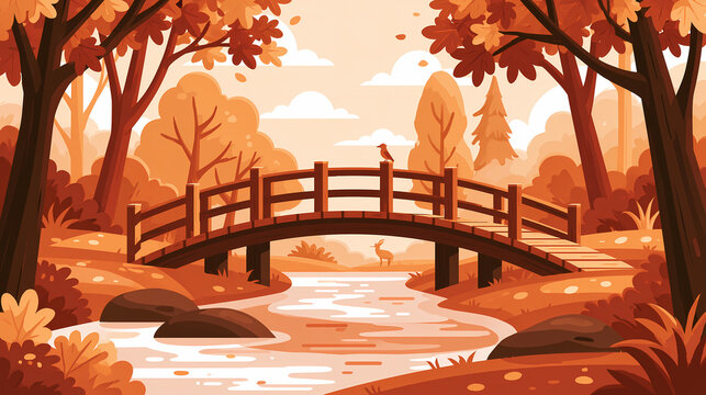 A small wooden bridge crosses a peaceful river in a colorful autumn forest with falling leaves and wild animals in the background landscape
