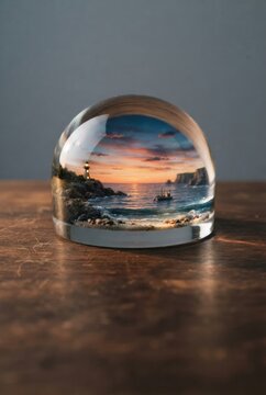 Glass paperweight containing a miniature sunset seascape with a glowing horizon and tiny boat, resting on a wooden surface for souvenir advertising and interior content