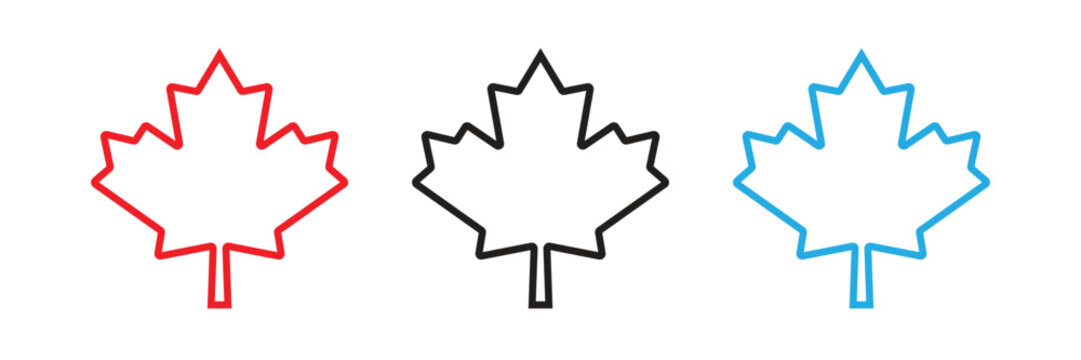 Three canadian maple leaf outlines in red, black, and blue