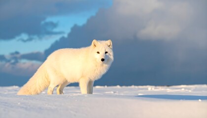 Naklejka premium White arctic fox stands in snow, snowy landscape background