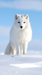 Obraz premium White arctic fox stands in snow, snowy landscape background