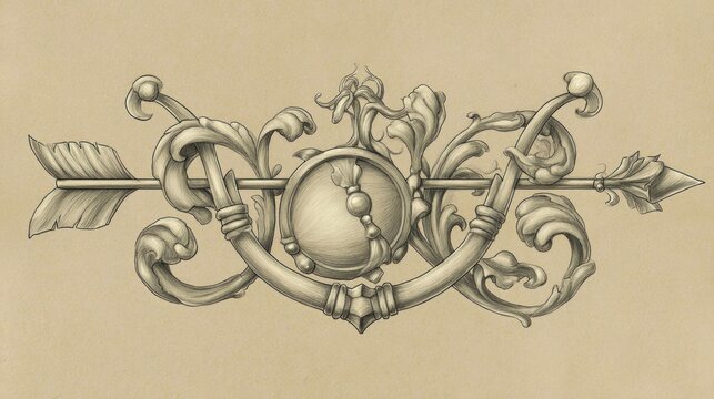 Antique ornate emblem with compass and arrow illustration