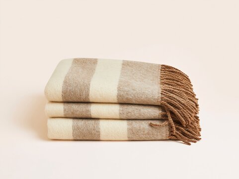 Stack of folded wool blankets with stripes and fringe on a peach beige background, featuring a soft tactile texture for textile ecommerce and catalogues