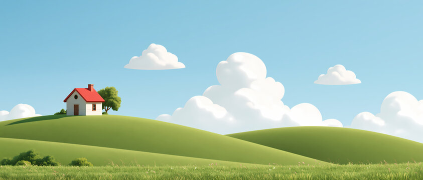 A small house with a red roof sits peacefully on top of a rolling green hill under a bright blue sky with fluffy white clouds
