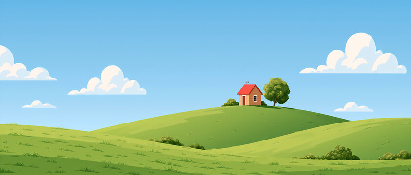A small house with a red roof sits peacefully on top of a green hill under a bright blue sky with fluffy white clouds