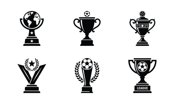 Winner trophy cup icons collection black award championship prizes.