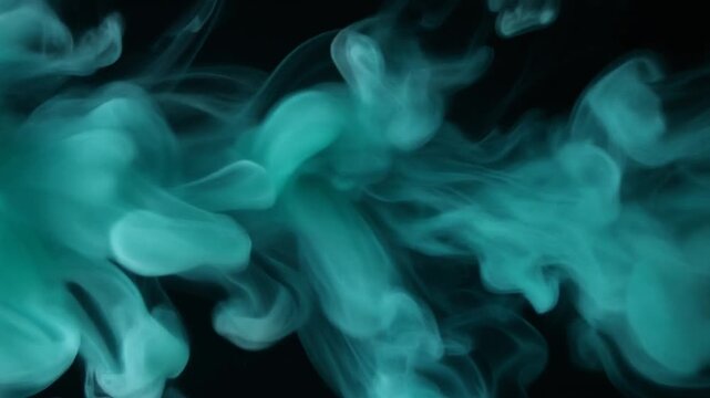 Luminous turquoise vapor rolls slowly across deep black space in dense translucent waves and soft curls, forming a mesmerizing mandala-like pattern with subtle glowing edges and drifting particles.