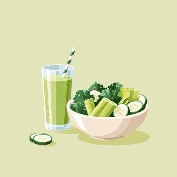 A glass of fresh green vegetable smoothie sits next to a white bowl filled with healthy kale and celery salad on a light green background