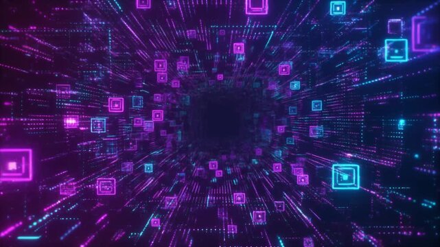 Glowing purple and blue digital squares pulse and drift as luminous technology particles, visualizing data processing and network connectivity in a futuristic abstract cinematic background composition