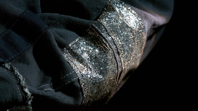 Retroreflective banding on a high-visibility sleeve, glowing with a gritty weathered texture in a dark night setting for safety and ppe, copy space