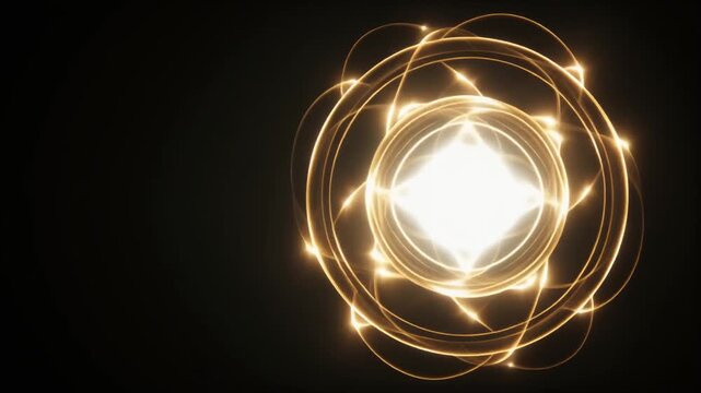 A brilliant white-gold spherical light source pulses at the center of delicate energy rings expanding, contracting, and rotating with orbiting luminous particles &mdash; seamless loop perfect for luxury ove