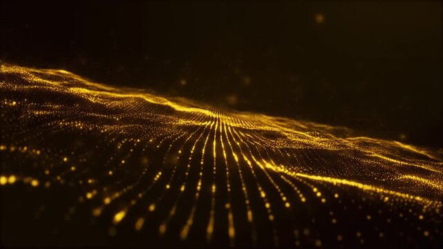 Thousands of glowing golden digital particles flow in organized wave patterns through deep dark space, with luminous energy ripples creating synchronized premium corporate technology overlay