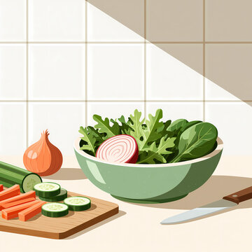 A green bowl filled with fresh salad greens sits on a kitchen counter next to a wooden cutting board with sliced vegetables and a sharp knife