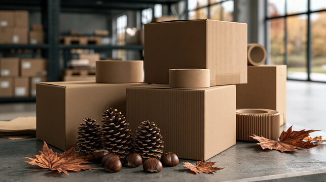 Warehouse packing station with blank cardboard boxes, pine cone and autumn leaf decoration