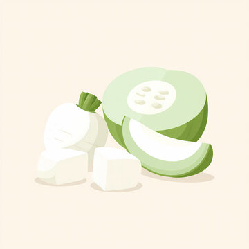 A collection of fresh white radish and sliced winter melon pieces arranged together on a simple light background for a healthy food concept illustration