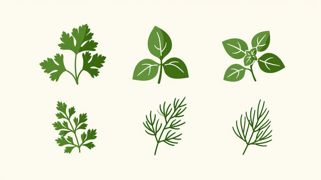 A collection of various fresh green culinary herbs shown as simple flat vector illustrations on a light background for cooking and food design projects