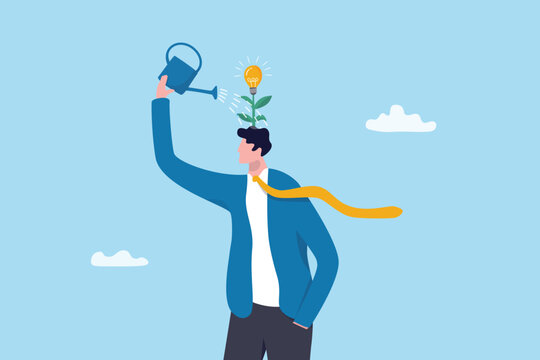 Growth improvement, personal development growing ambition, empowerment potential, resilience seedling, leadership learning, motivation, businessman watering his head for growing self seedling growth.