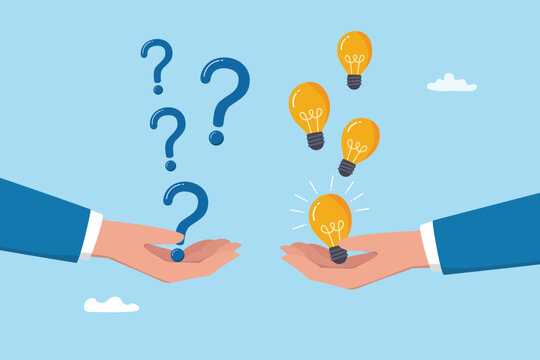 Question answer for job interview, solution or help solving problem, communication reply or response, asking question or resolution, businessman hand with question mark and lightbulb answers.