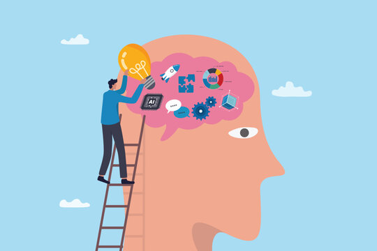 Upskill learning or study new skill, knowledge development for career training, artificial intelligence skill improvement, training brain thinking, man put lightbulb and books learning on human brain.