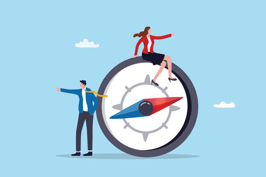 Conflict decision business direction, problem or choice challenge, disagreement or opposite argument, leadership to make decision dispute, business people team pointing to opposite direction compass.