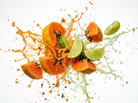 Fresh papaya and lime slices splashing in dynamic fruit juice explosion