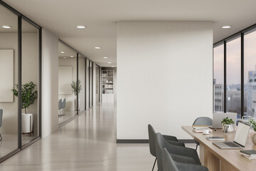 Fototapeta na wymiar Blank Wall Mockup in Modern Coworking Office Corridor with Meeting Table