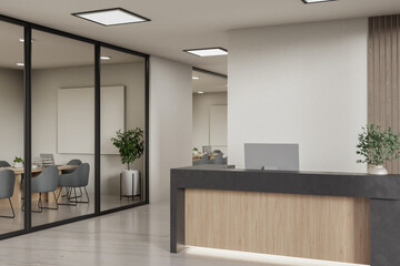 Fototapeta na wymiar Modern Office Reception and Meeting Room with Blank Wall Mockup Space