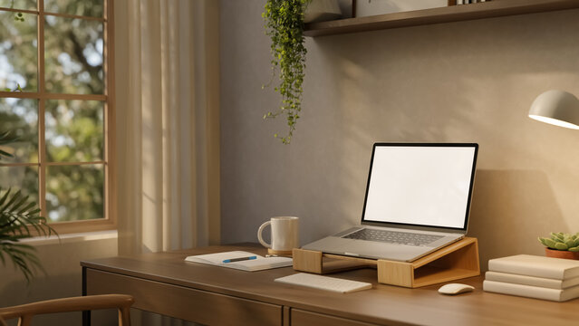 Laptop Mockup on Wooden Stand with Blank Screen in Bright Home Office
