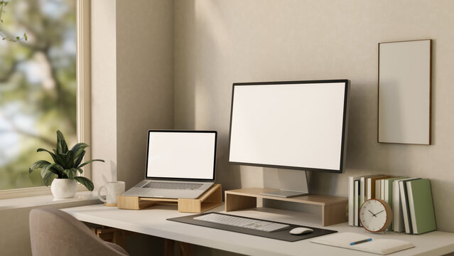 Dual screen mockup with blank desktop monitor and laptop on modern office desk 3D render