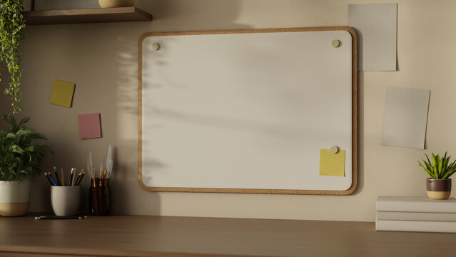 Blank whiteboard and cork pinboard mockup on wall above study desk