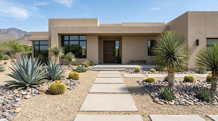 Fototapeta premium Modern luxury house with desert landscaping and stone walkway under a clear blue sky in arizona desert. arizona front yard