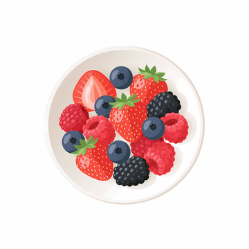 A white plate filled with a fresh mix of colorful strawberries raspberries blueberries and blackberries arranged neatly as a healthy snack on a plain white background