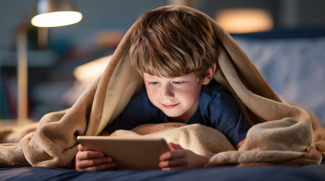 Young child reading digital book under blanket with focused expression in cozy home setting