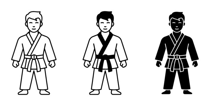 Martial Arts Icons Set: Karateka Figures in Gi, Black Belt, Silhouette, Vector Graphics for Combat Sports and Discipline Themes