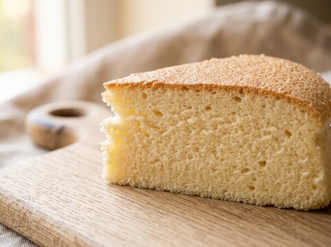 Slice of fluffy Japanese sponge cake resting on a wooden cutting board