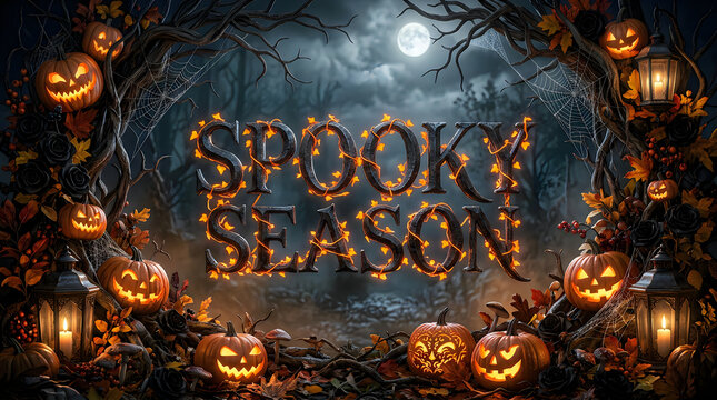 Spooky season typography with glowing jack o lanterns and forest background for Halloween party invitations.