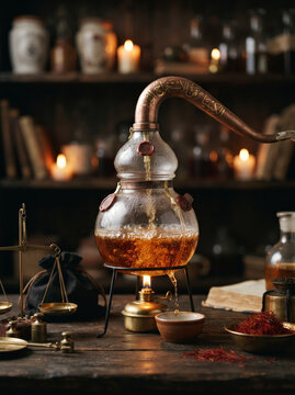Vintage Alchemy Distillation Apparatus Distilling Herbal Tincture On Rustic Wooden Table
