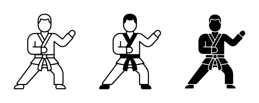 Martial Arts Karate Fighter Icons, Karateka Silhouette, Combat Sport Vector Graphics, Martial Arts Training, Fighting Stance, Karate Uniform, Black Belt Warrior, Dynamic Action Poses